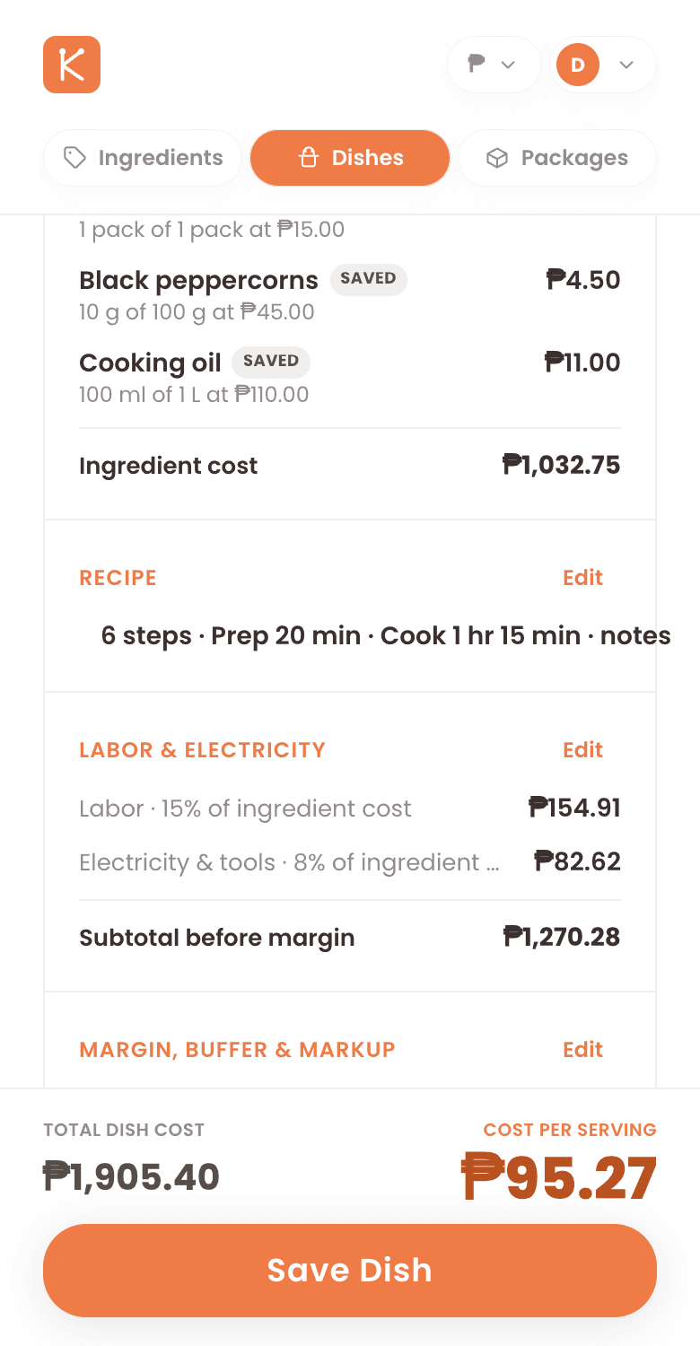 Pork Adobo priced per serving, with a breakdown of ingredients, labor, electricity, buffer and profit