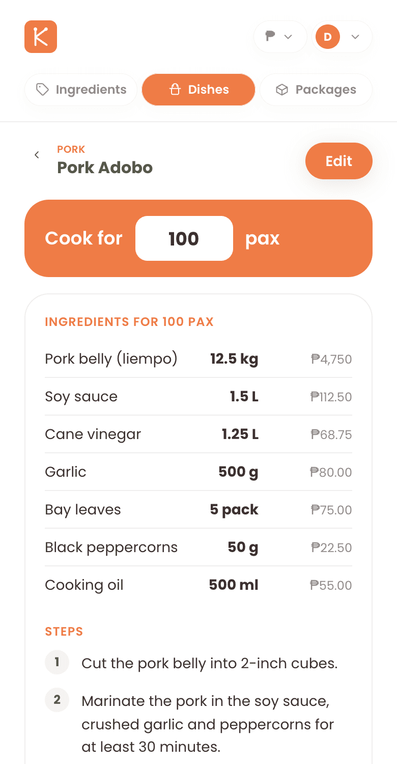 The Pork Adobo recipe scaled from 20 to 100 pax, with every ingredient multiplied and the cooking steps