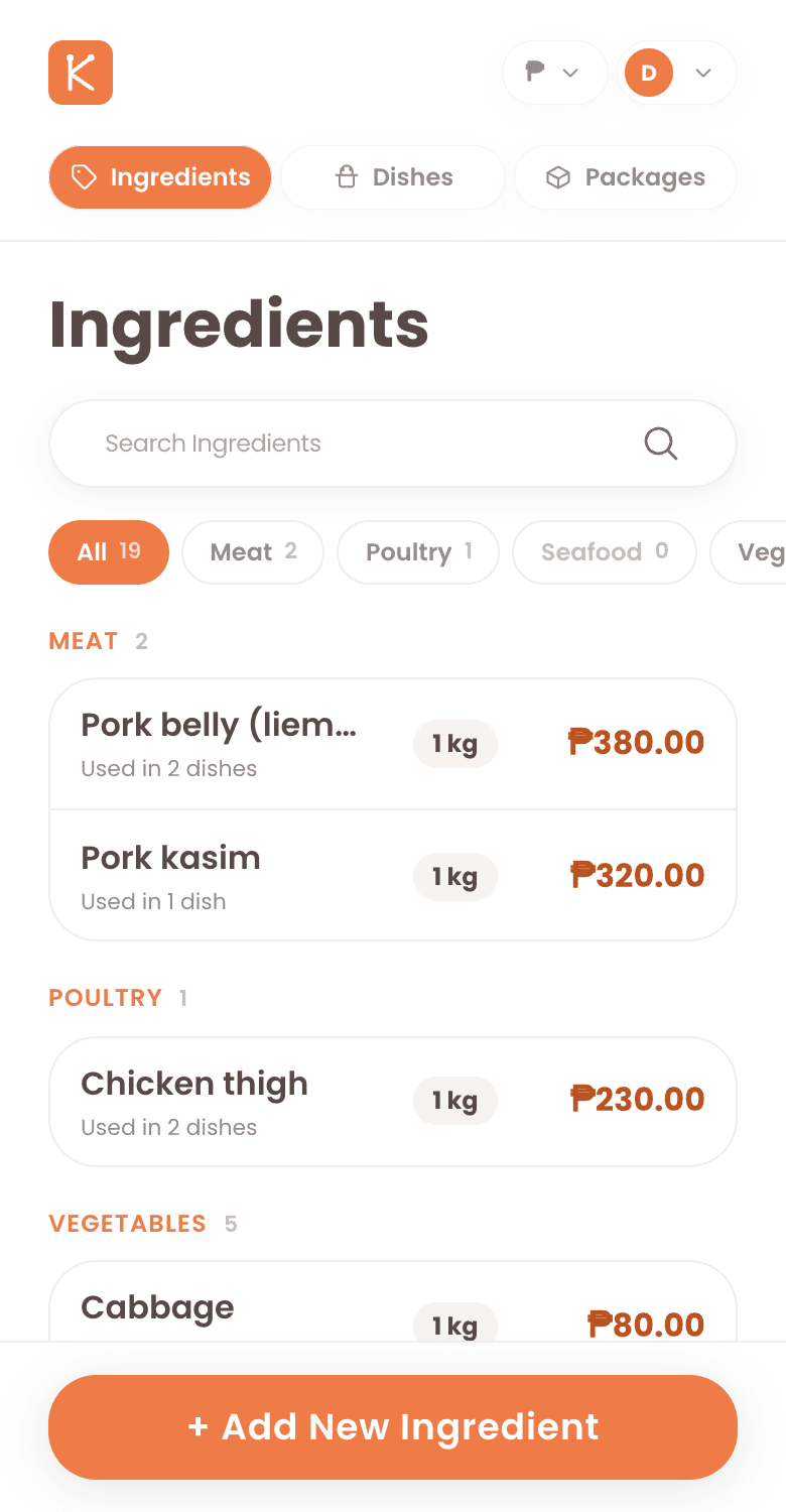 Saved ingredients grouped by category with their prices