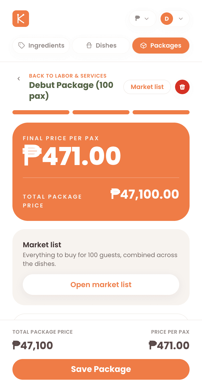 A 100-guest debut package with its total price and price per pax